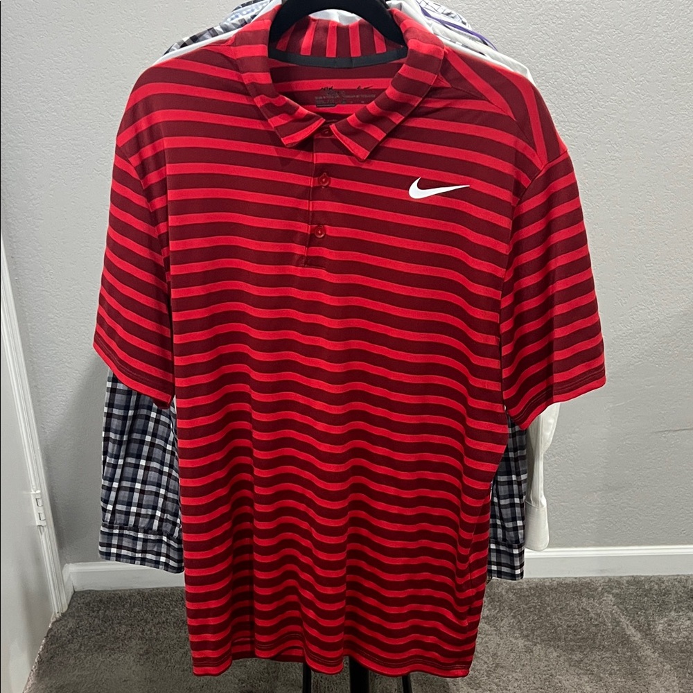 Nike Men's Red and Black Striped Polo